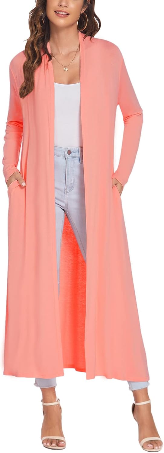 Bluetime Women Floor Length Open Front Cardigan Lightweight Long Sleeve Maxi Duster with Pockets (S-3XL)