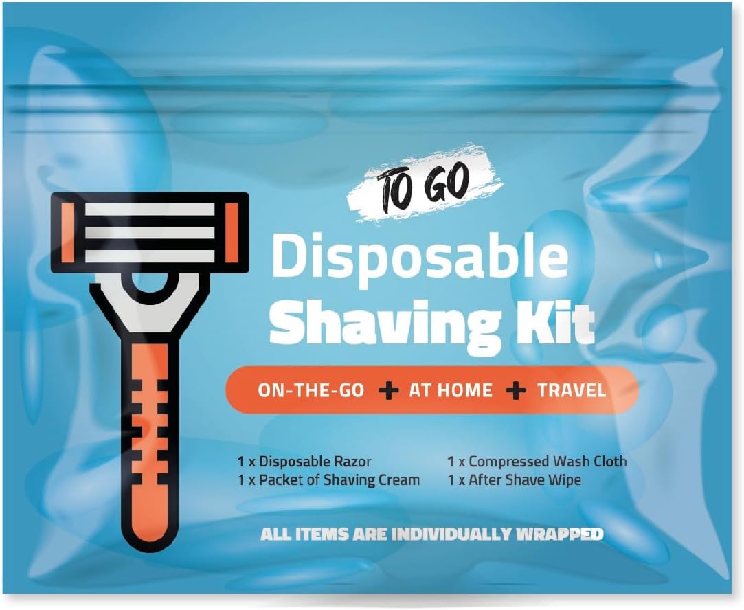 Shaving Kit with Razor, Shaving Cream, Washcloth & Aftershave Wipe – Men’s Travel Shave Set for Hotels, Shelters & Outreach – Disposable Grooming Pack (Blue) (1)