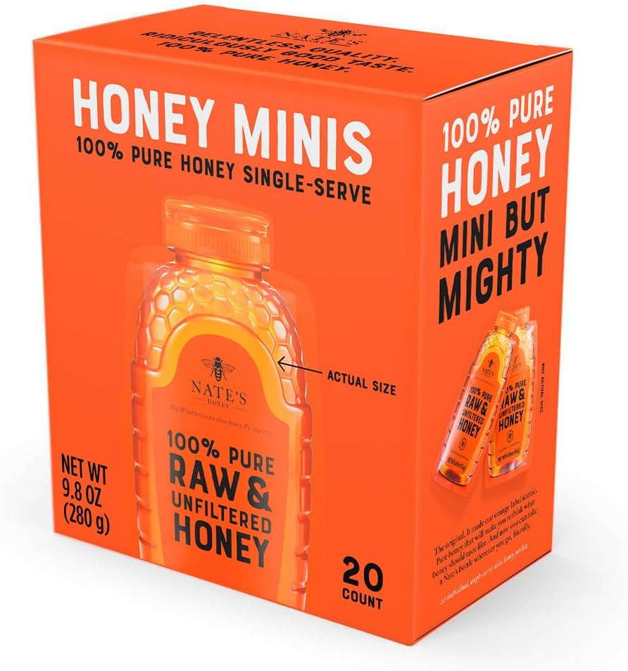 Nate's Honey Minis - Single-Serve 100% Pure, Raw & Unfiltered Honey - 0.49oz Packets, 20ct box