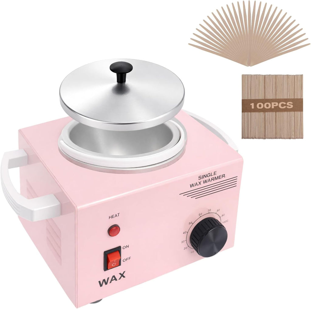 Electric Wax Warmer Machine for Body Hair Removal Hot SPA Aluminum Heater with Wooden Wax Sticks-Single Pot (Pink)