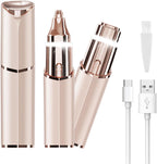 Facial Hair Removal Eyebrow Trimmer - Facial Shaver Device 2 in 1 Remover for Face Peach Fuzz Eyebrow Nose Ear Hair Chin Lips Armpit with LED Light Rechargeable for Women Men Travel Size (Gold)