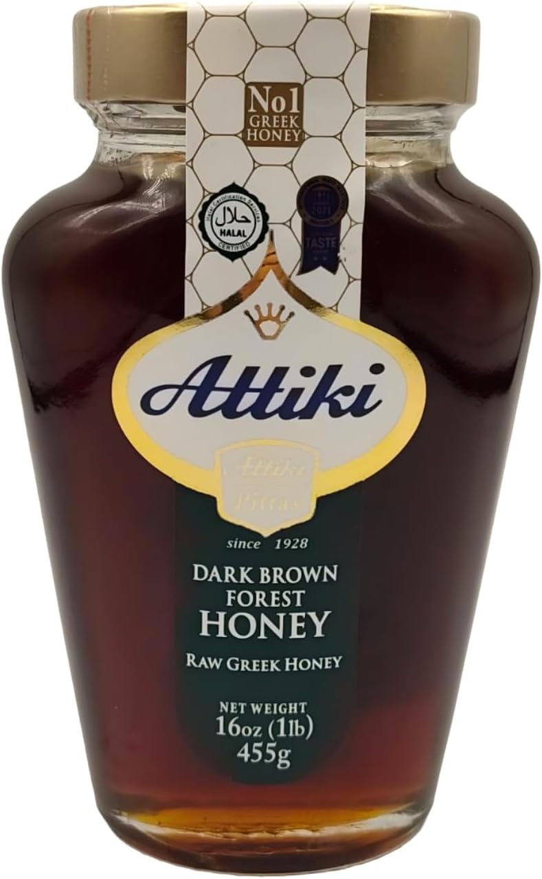 Attiki Dark Brown Greek Honey with Wild Flora and Thyme, Perfect for Baking, Cooking, Lemonade and Tea, 16 oz (453 grams), Glass Jar