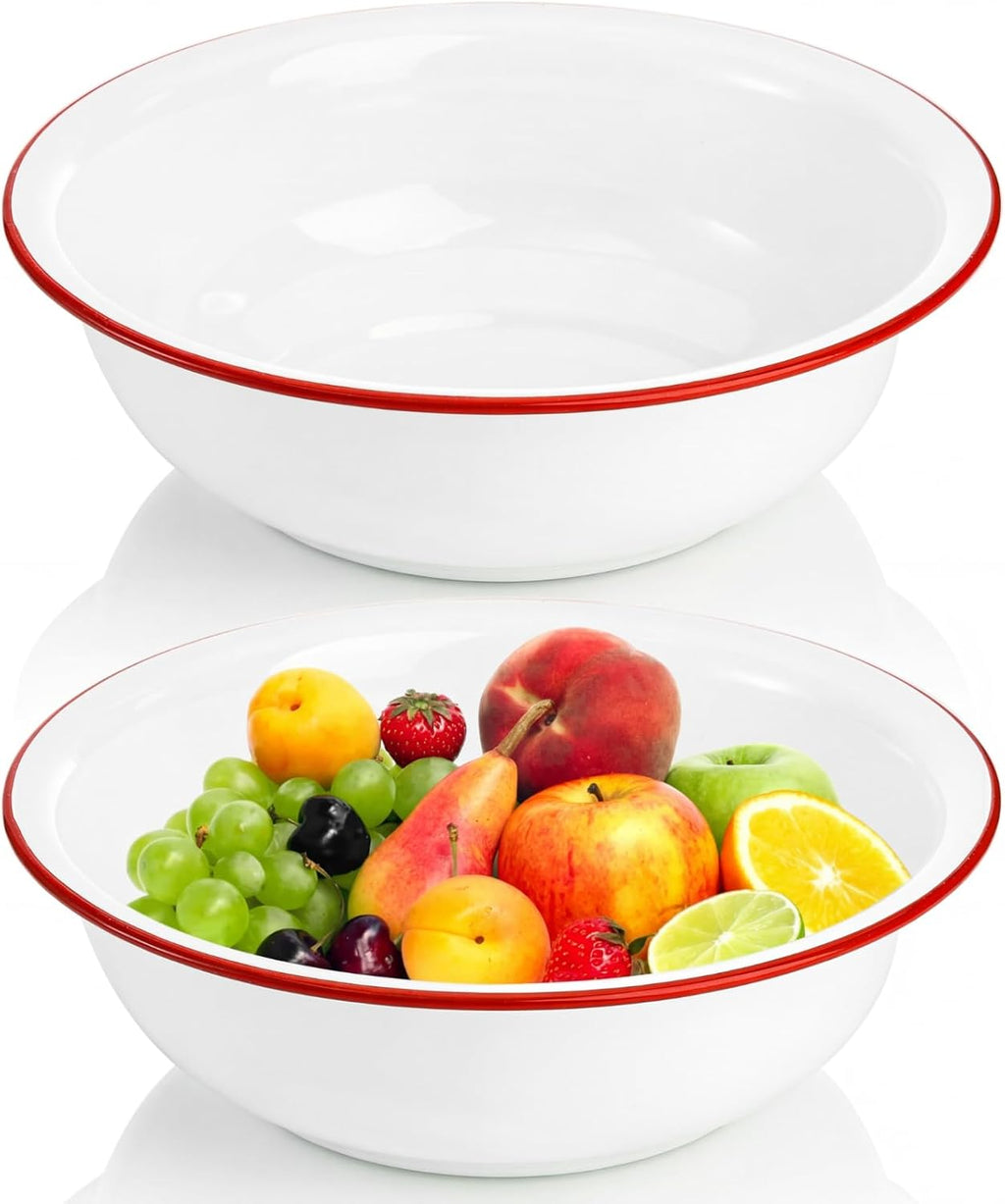 Elsjoy 2 Pack 3 Quart Large Enamel Bowl, 11 Inch Vintage Enamel Mixing Bowl, Kitchen Enamelware for Fruit, Salad, Pasta