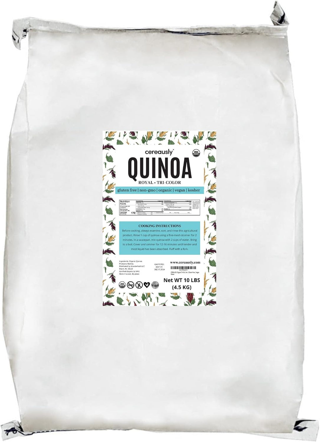 CEREAUSLY Organic Tri-Color Quinoa – Premium Royal Quinoa from Bolivia – Kosher and Non-GMO Quinoa Bulk – Vegan and Gluten-Fee Cooking Quinoa – 10 LB