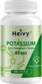 Heivy Potassium Citrate 99mg, 240 Capsules - Vegan, Allergen-Free Potassium Supplements for Electrolyte Balance, Lab-Tested Mineral Supplement, Made in USA