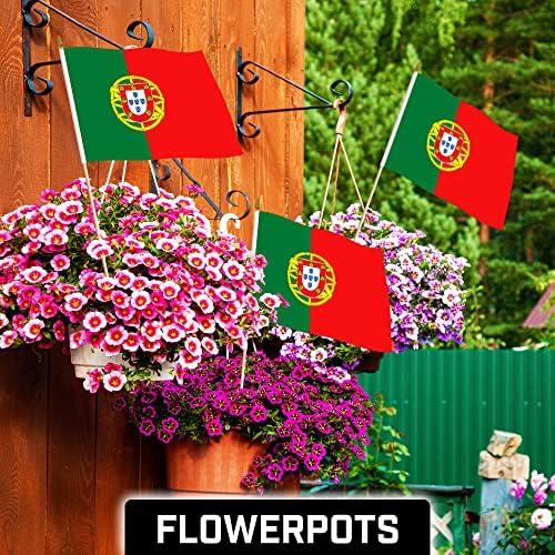 G128 12 Pack Handheld Portugal Portuguese Stick Flags | 12x18 In | Printed 150D Polyester, Country Flag, Solid Wooden Stick, Spear Gold Tip