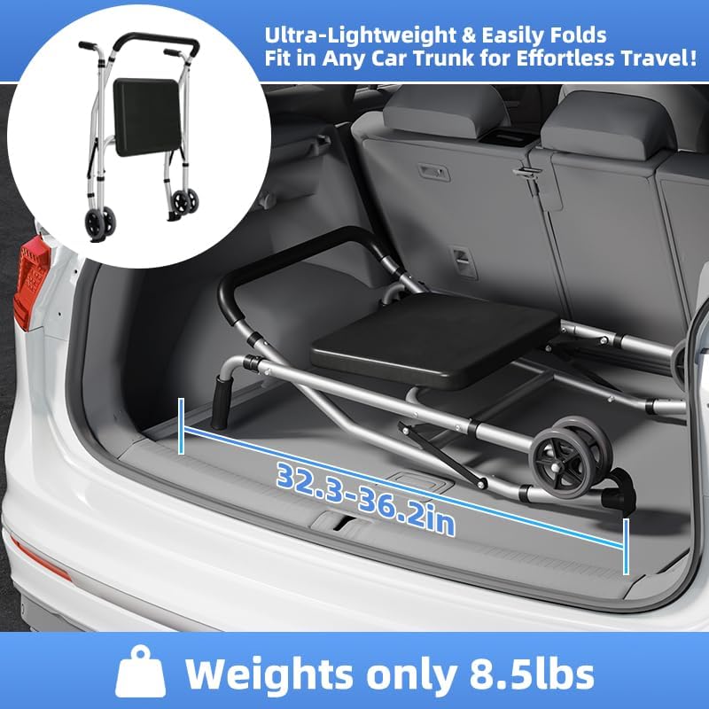 Walkers for Seniors, Standard Walker with Seat, Adjustable Two-Wheeled Walker with 5”Wheels, Lightweight, Stable Mobility Support, Compact Travel Walker, Suitable for use in Car