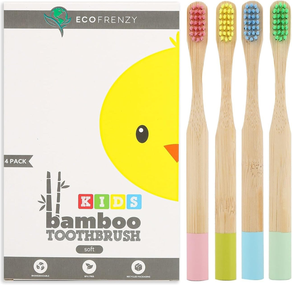 EcoFrenzy - Kids Bamboo Toothbrush - Child Size Soft BPA Free Color Safe Bristles (4 Pack)