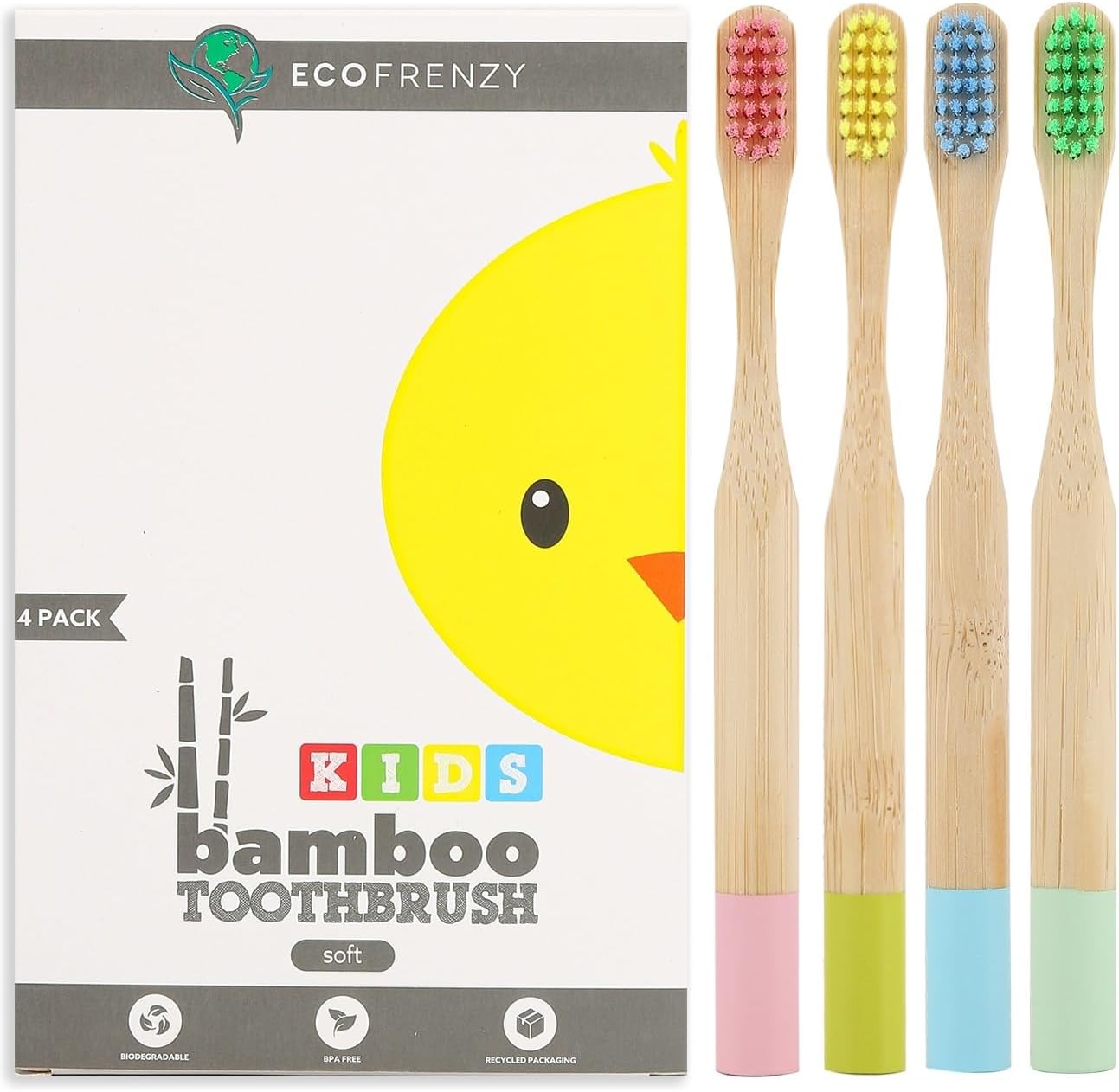 EcoFrenzy - Kids Bamboo Toothbrush - Child Size Soft BPA Free Color Safe Bristles (4 Pack)