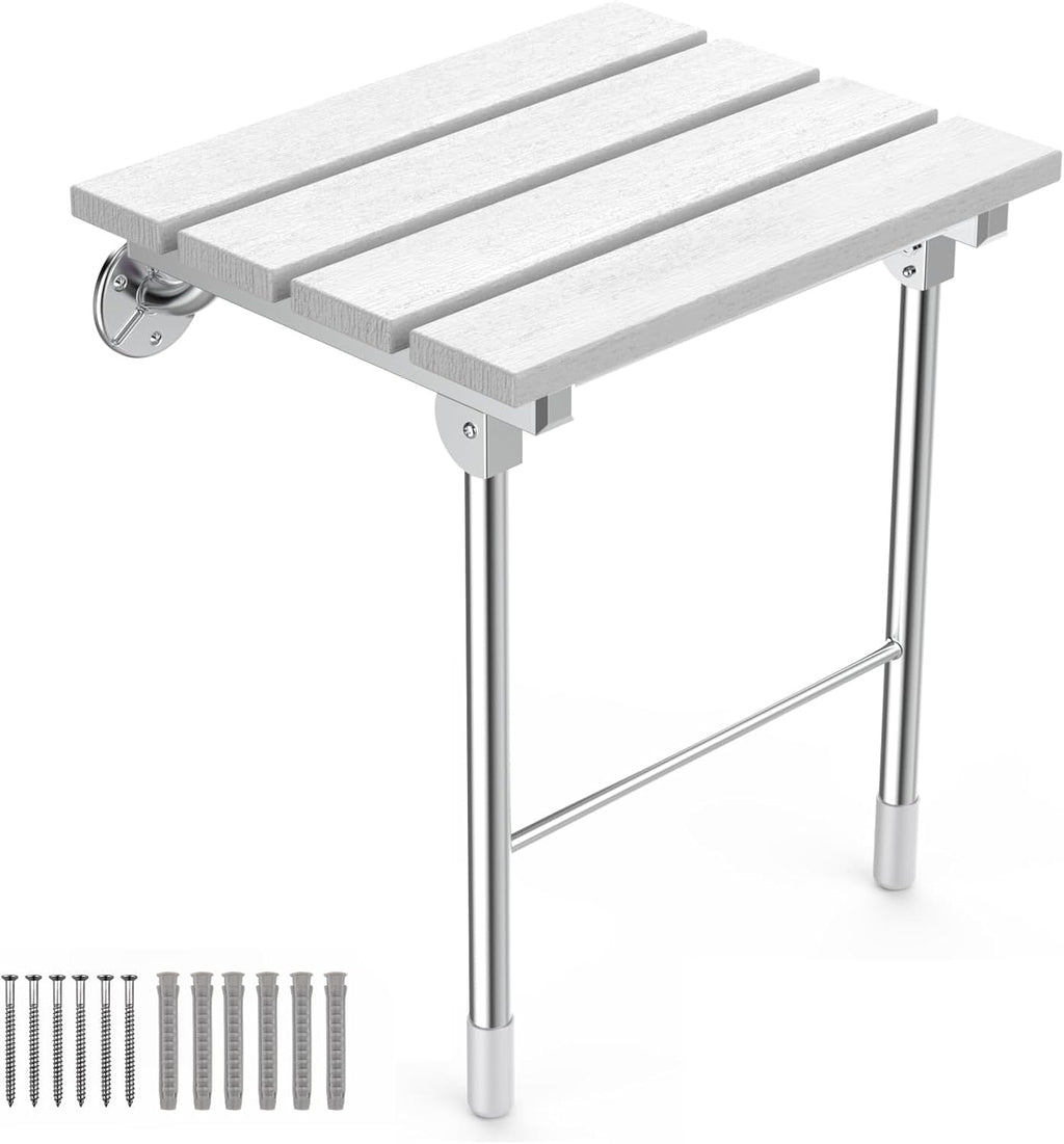 Folding Shower Seat, Wall Mounted Bathroom Safety Stool Chair with Support Legs, Foldable Wall Wood Shower Bench for Seniors (White)