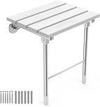 Folding Shower Seat, Wall Mounted Bathroom Safety Stool Chair with Support Legs, Foldable Wall Wood Shower Bench for Seniors (White)