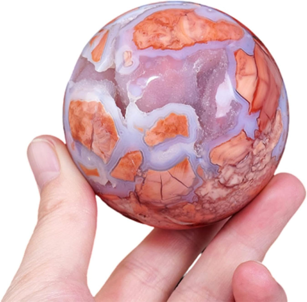 Natural Crystal Ball Pink Purple Cherry Blossom Agate Geode Gemstone Sphere Polished Healing Energy Mineral Balls for Meditation,Yoga,6.5-7cm