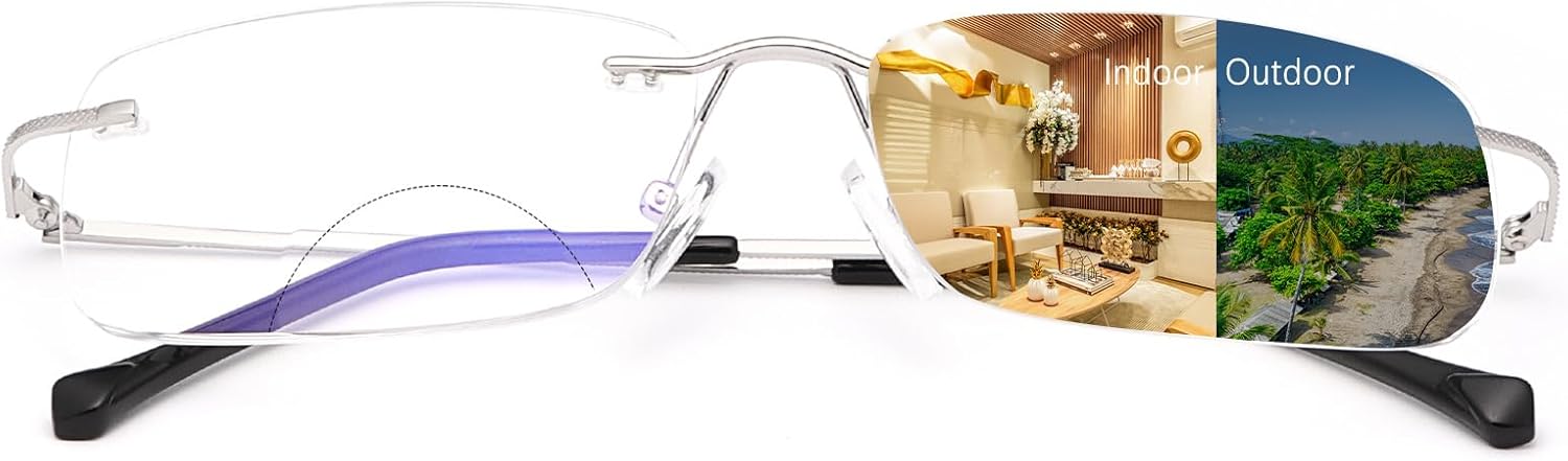 Rimless Bifocal Reading Glasses Transition Photochromic UV400 Protection Sun Readers Titanium Eyewear for Men