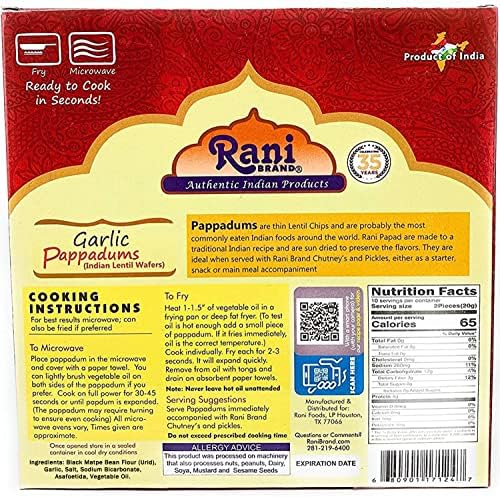 Rani Pappadums (Indian Lentil Wafer Snack) Garlic Papad 7oz (200g) Approximately 15pc, 7 inches ~ All Natural | Gluten Friendly | NON-GMO | Vegan | Indian Origin