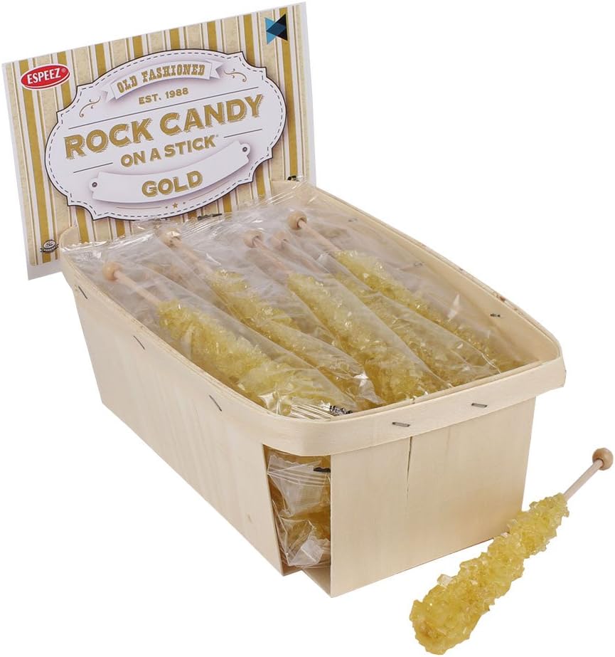 Extra Large Rock Candy Sticks: 18 Gold Crystal Rock Candy Sticks - Original Flavor - Individually Wrapped for Party Favors, Candy Buffet, Bridal and Baby Showers, Wedding Receptions and Anniversaries