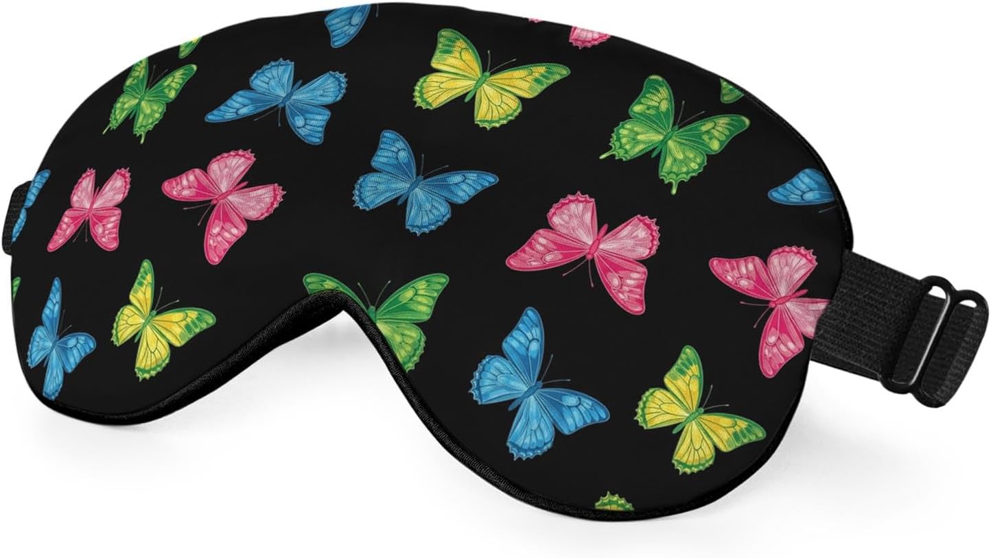 Rainbow Butterfly Sleep Mask Eye Mask Black Blue Pink Purple Butterfly Sleep Mask Light Blocking Adjustable Smooth Soft Eye Masks for Women Deep Rest Travel