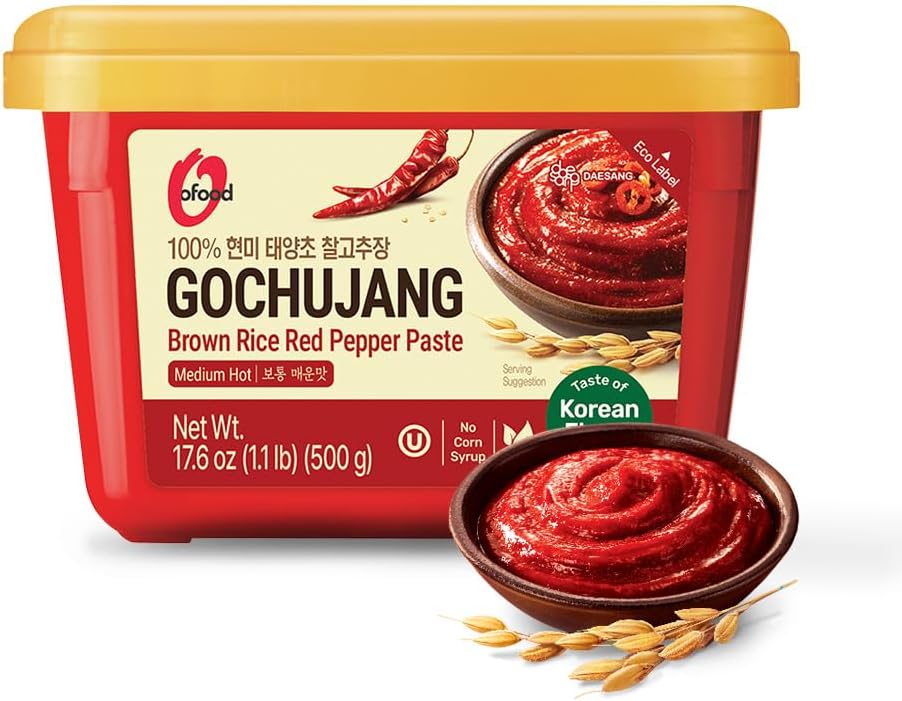 Gochujang – Premium Korean Red Chili Paste [ Medium | 1.1 lb (500g) ] – 0 Fat/ 0 Cholesterol / (40 Calories/Serving) | Spicy & Sweet Savory Fermented Sauce | Great for Bibimbap, Marinades, Stews & BBQ - O’food