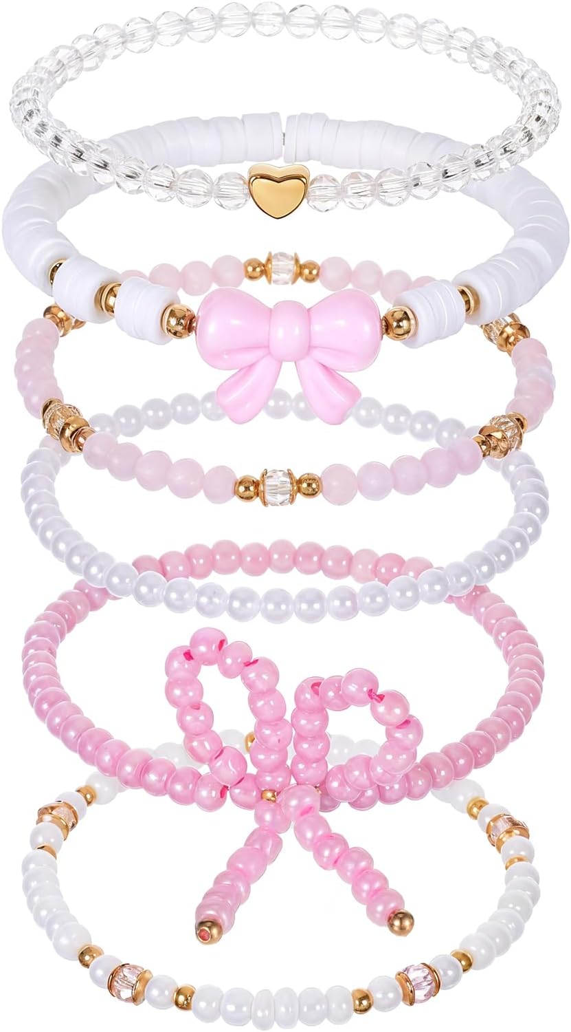 Larrel Pink Bow Bracelet Set for Women, 6 Pcs Stackable Beaded Stretch Bracelets with Bow Charm, Aesthetic Pink Jewelry Gift for Women Girls for Birthday Christmas Valentine's Day
