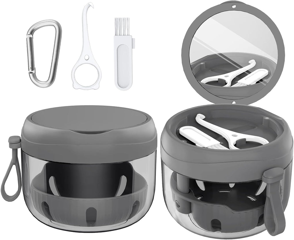 Denture Bath Box Cup, Leak Proof Denture Cup Kit Portable Retainer Case for Travel, Denture Case Cleaning Care for Dentures Aligner Mouth Guard with Denture Brush,Strainer, Removal Tool and Mirror