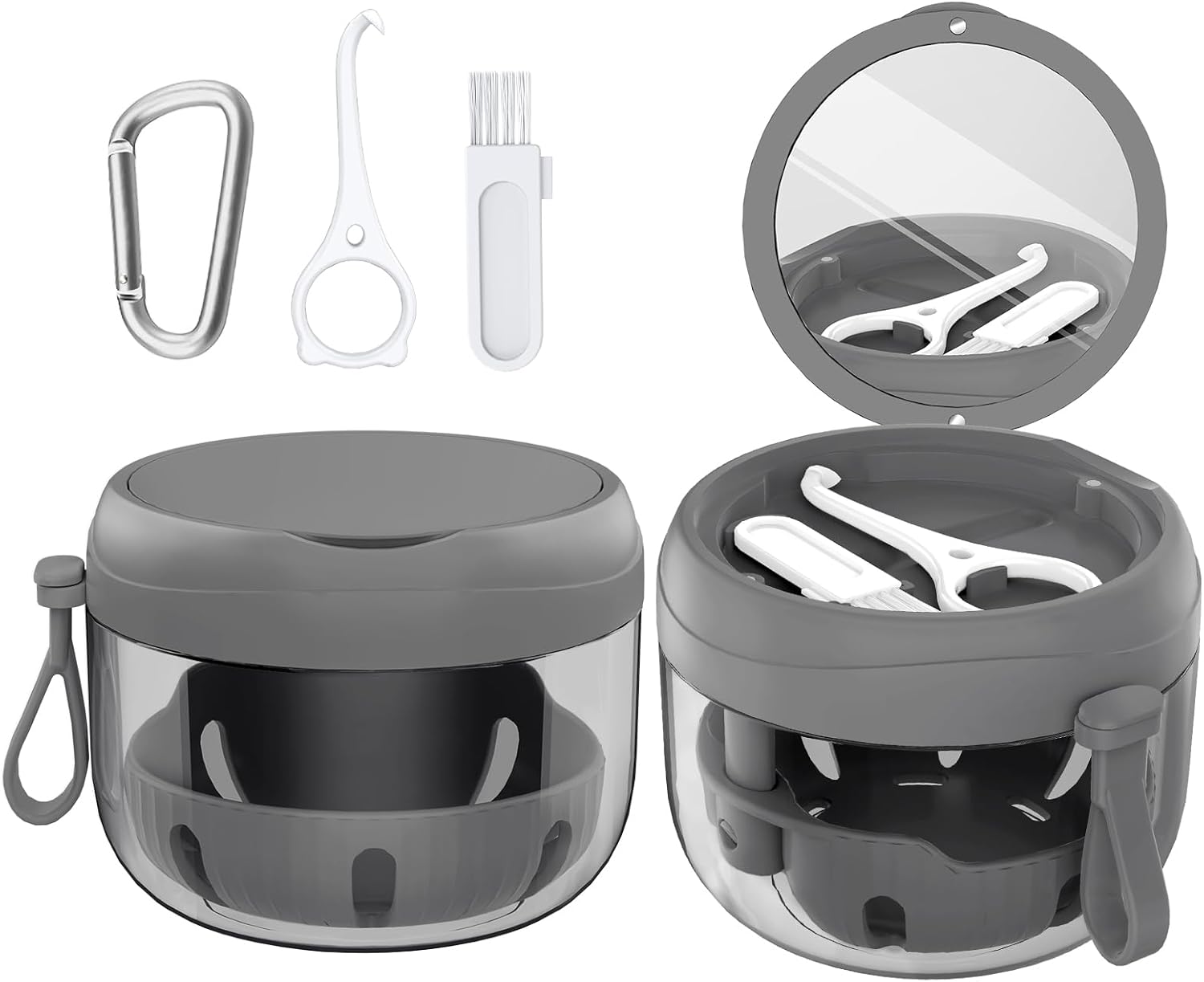 Denture Bath Box Cup, Leak Proof Denture Cup Kit Portable Retainer Case for Travel, Denture Case Cleaning Care for Dentures Aligner Mouth Guard with Denture Brush,Strainer, Removal Tool and Mirror