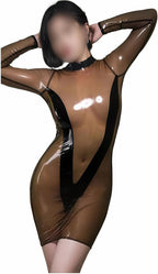 Transparent Black Latex Dress Long Sleeves Back Zip Skirt Wear