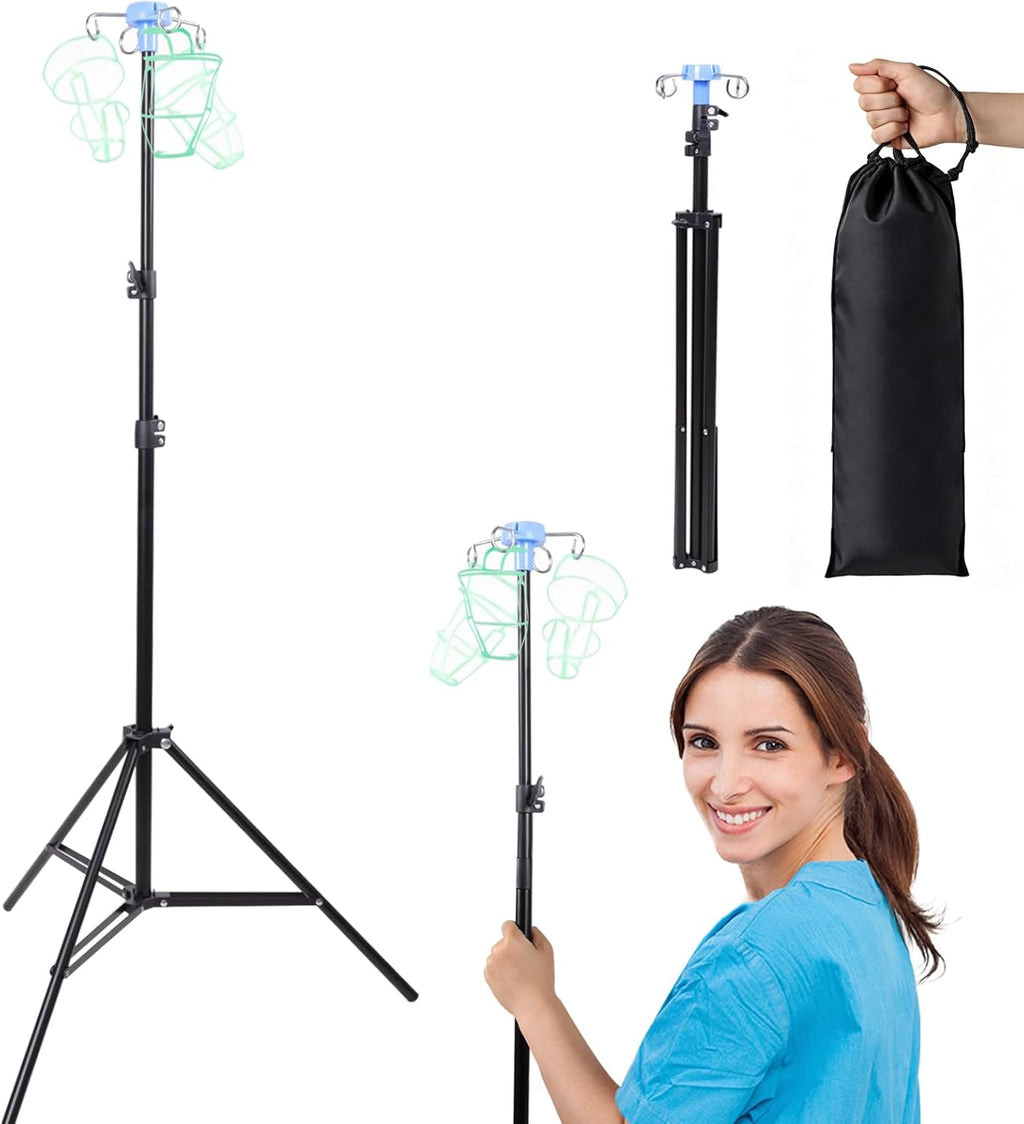 Foldable IV Pole with Portable Bag, Collapsible IV Pole Stand with 3 Nets for Drip Bag, Tripod IV Pole Stand Adjustable, 4 Hooks for Nursing Clinic Home Care Travel, Stable, Black, 1 Pcs