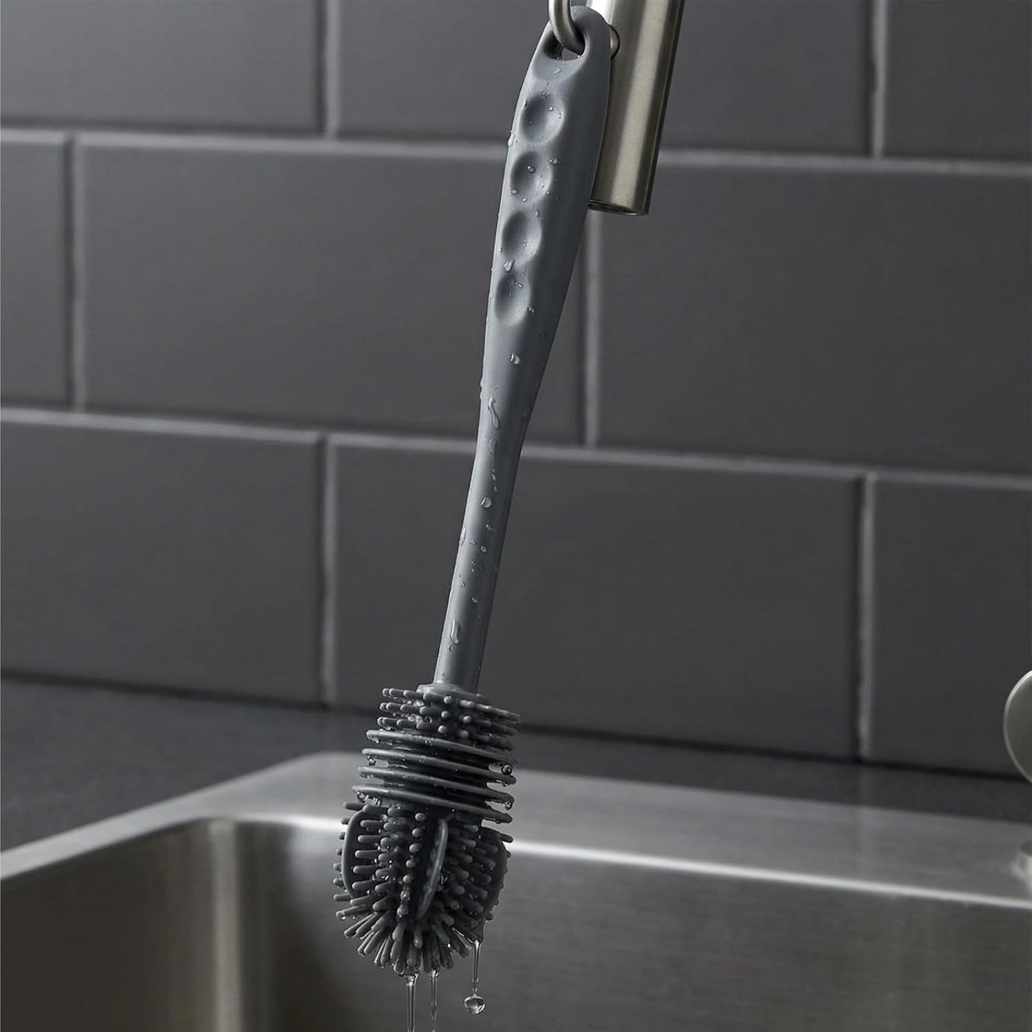 Extra Long Handle Bottle Cleaning Brush, Flexible Soft Bristle Brush for Narrow Neck Flasks, Tumblers and Glassware (Gray)