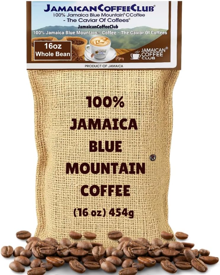 JamaicanCoffeeClub Blue Mountain Whole Bean Coffee, WB 16oz 100% Jamaican Beans, Premium Roast, Bold Smooth Taste, Freshly Packed Coffee from Jamaica, Rich Aroma Gourmet Blend