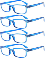 Kerecsen 4 Pack Reading Glasses for Men and Women with Spring Hinges, Lightweight Black Rectangular Readers Eyeglasses (4 Pack Blue, 1.5, x)