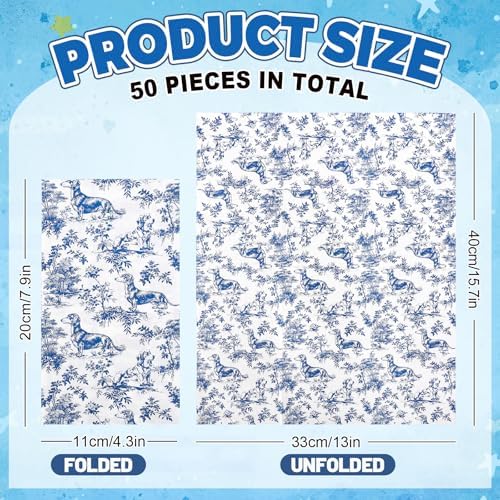 AnyDesign Chinoiserie Dachshund Guest Napkins Paper Napkins Blue White Floral Weiner Sausage Dog Disposable Hand Towels for Home Bathroom Kitchen Table Decor Supplies, 50 Pcs