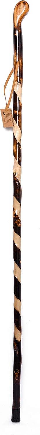 FOREST PILOT Handcrafted Nature Wood Hiking Stick 55 Inches Long - with Hand Strap and Rubber Tip Cover - Transparent Waterproof Painting Coating