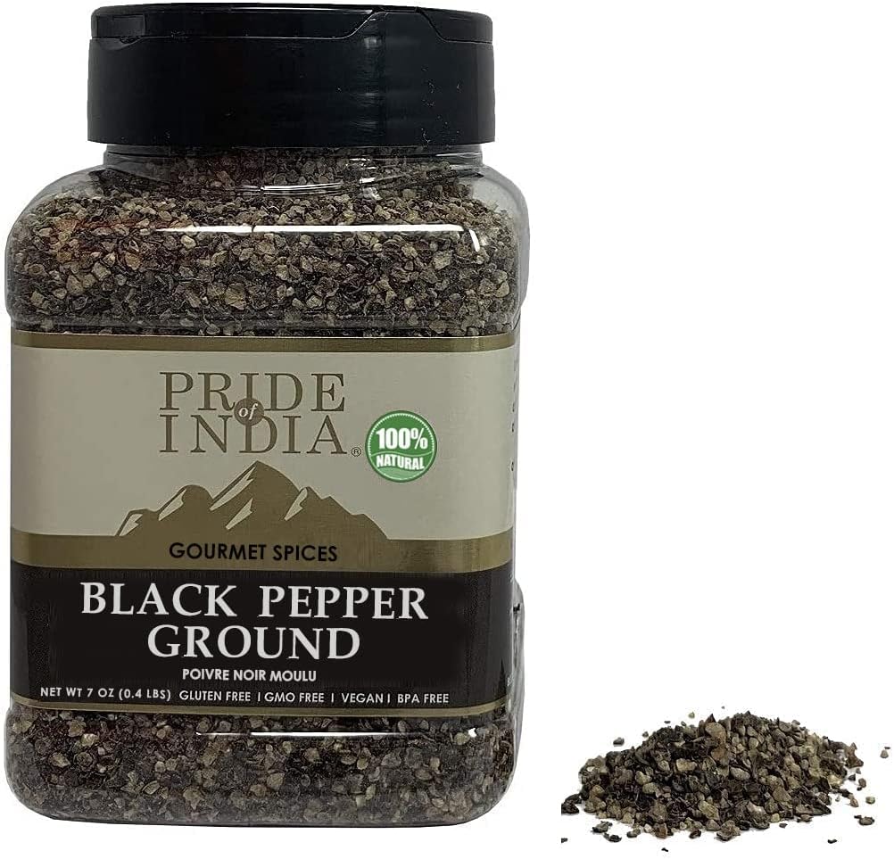 Pride of India – Black Pepper Ground – Ideal for Gourmet Dishes/Soups/Stews/Rubs – Fresh & Preservatives Free – Warming Spice – Easy to Store – 7oz. Medium Dual Sifter Jar