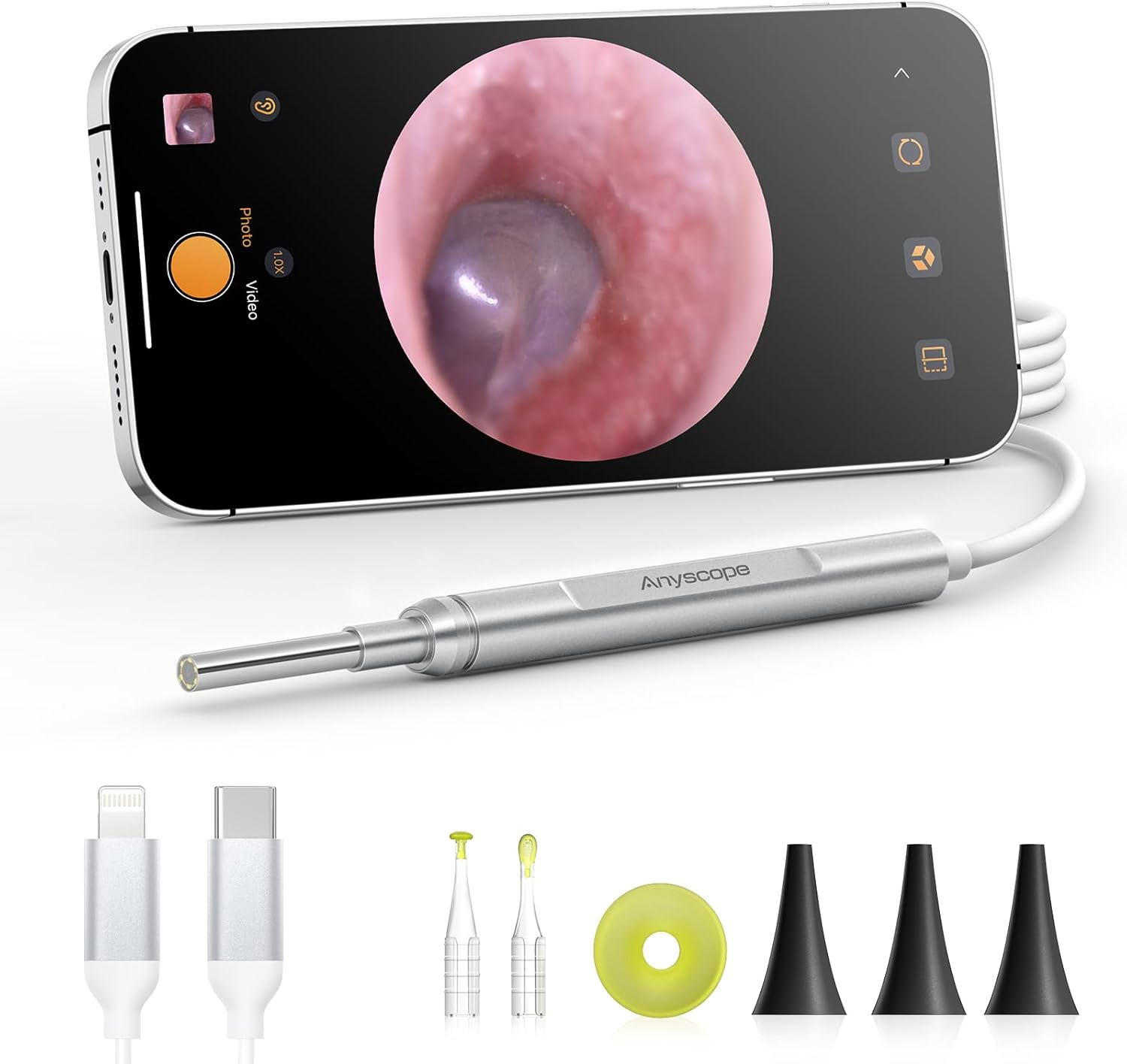 Digital Otoscope Compatible with iPhone and Android Devices, HD Ear Camera with Ear Wax Removal Tools, Video Ear Scope Otoscope with Light, Capture Photos and Videos (Silver)