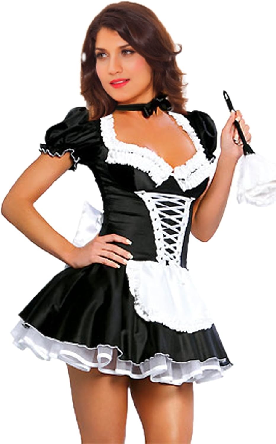Women's French Maid Costume Sexy Black Satin Halloween Fancy Dress S-5XL