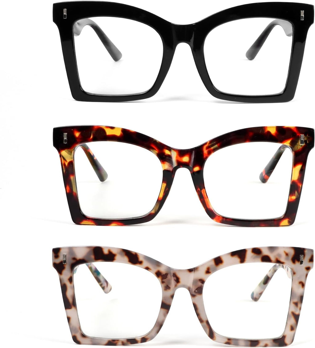 REAVEE 3 Pack Oversized Square Reading Glasses for Women, Blue Light Blocking Stylish Readers Spring Hinge