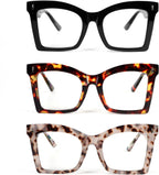 REAVEE 3 Pack Oversized Square Reading Glasses for Women, Blue Light Blocking Stylish Readers Spring Hinge