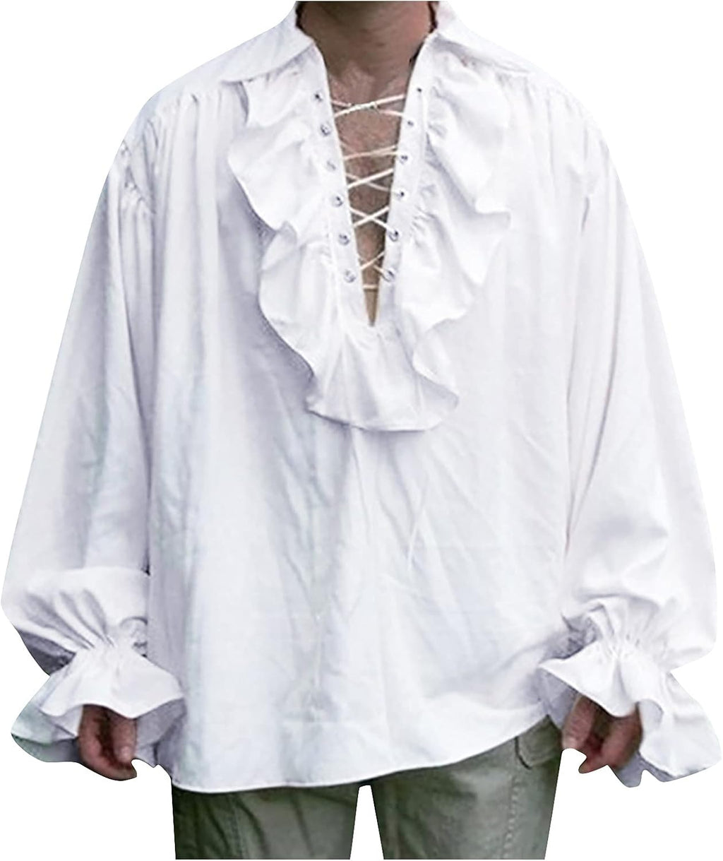 Mens Pirate Shirt Renaissance Victorian Vampire Steampunk Halloween Retro Shirts Gothic Medieval Lace Up Costume