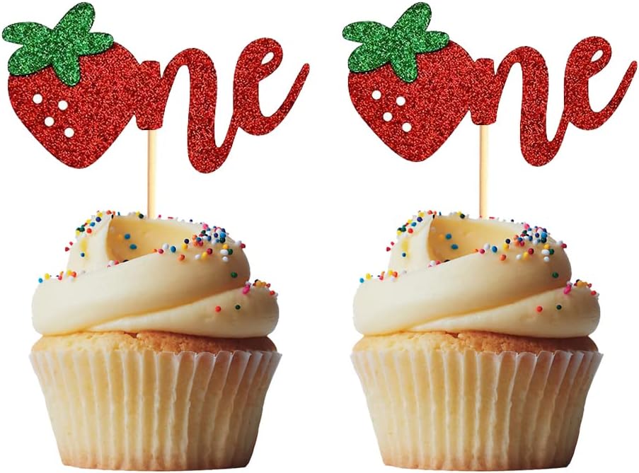 Morndew 24 PCS Strawberry One/1st Cupcake Toppers for First Birthday Anniversary Baby Shower Wedding Party Decorations