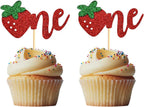 Morndew 24 PCS Strawberry One/1st Cupcake Toppers for First Birthday Anniversary Baby Shower Wedding Party Decorations
