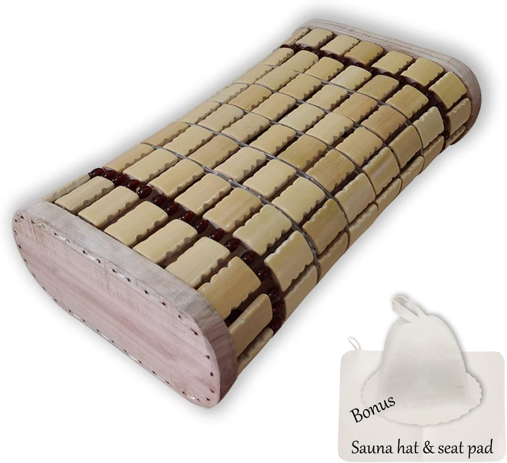 Bamboo Sauna Headrest Pillow, 100% Natural Handmade Wood Sauna Pillow Sauna Neck Rest Sauna Accessory, Bonus Sauna Cap and Seat Pad Included, Summer Cool Cervical Spine Pillow (1 Set)