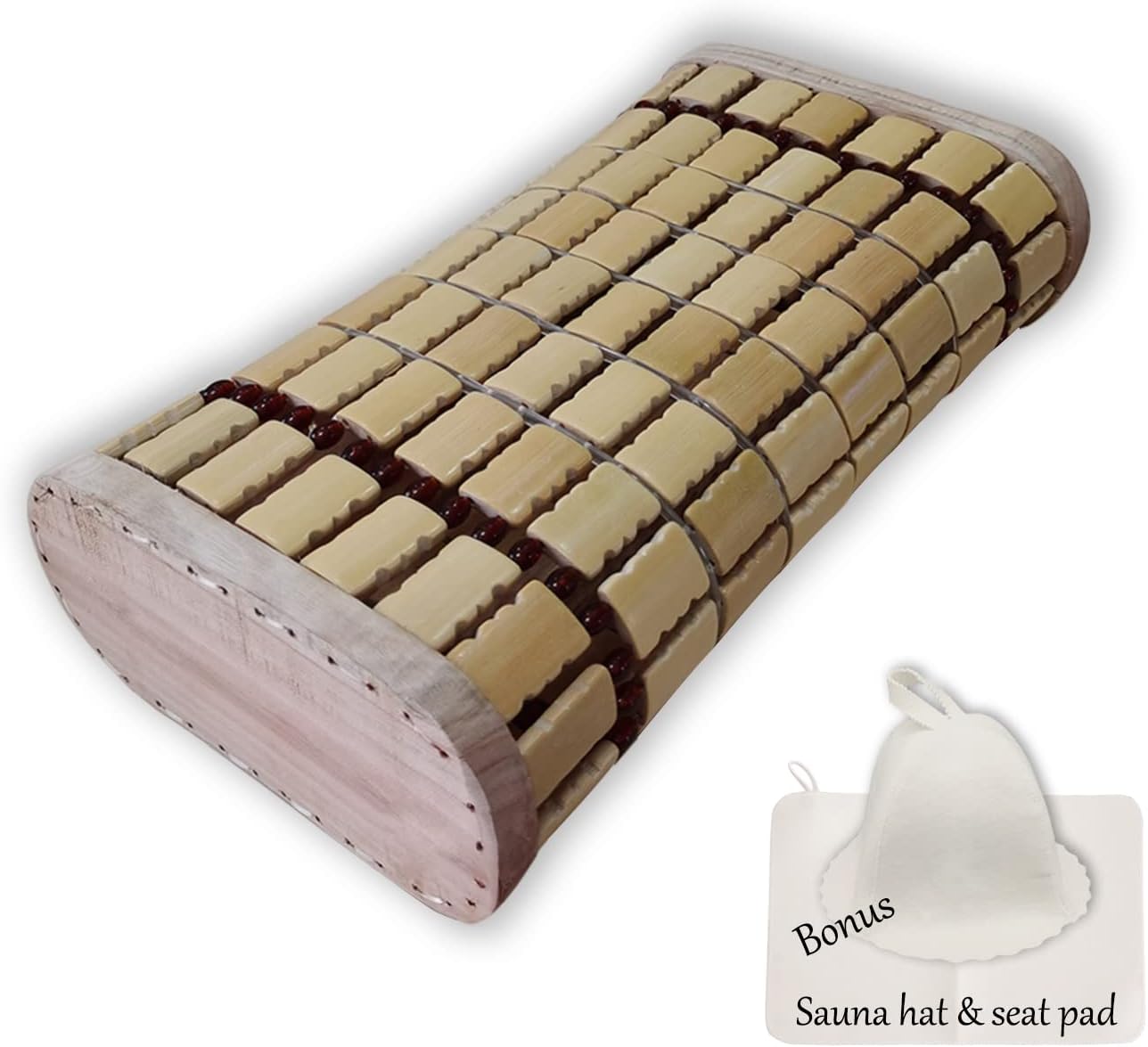 Bamboo Sauna Headrest Pillow, 100% Natural Handmade Wood Sauna Pillow Sauna Neck Rest Sauna Accessory, Bonus Sauna Cap and Seat Pad Included, Summer Cool Cervical Spine Pillow (1 Set)