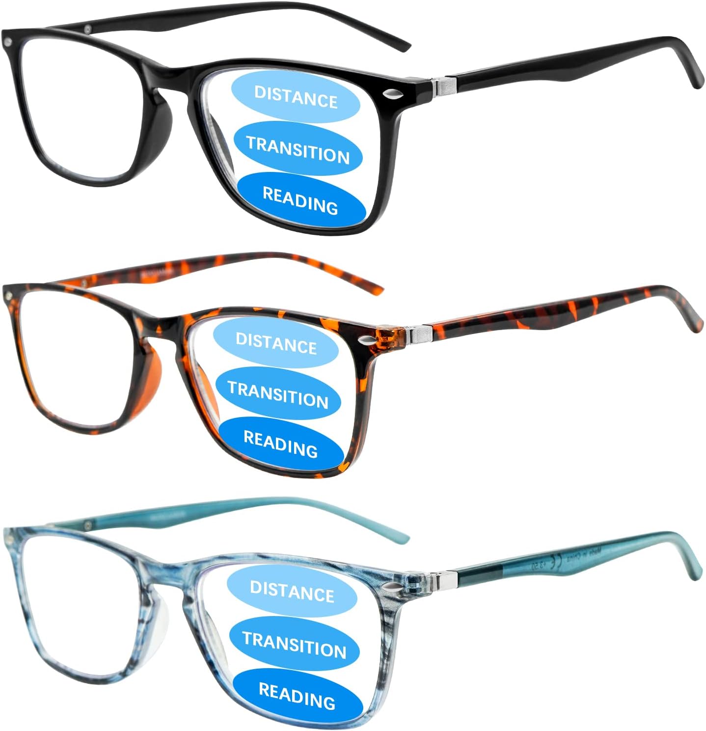 3 Pack Progressive Multifocus Reading Glasses for Men Women Blue Light Blocking Spring Hinges Computer Readers (3 Mix, 3.00, multiplier_x)
