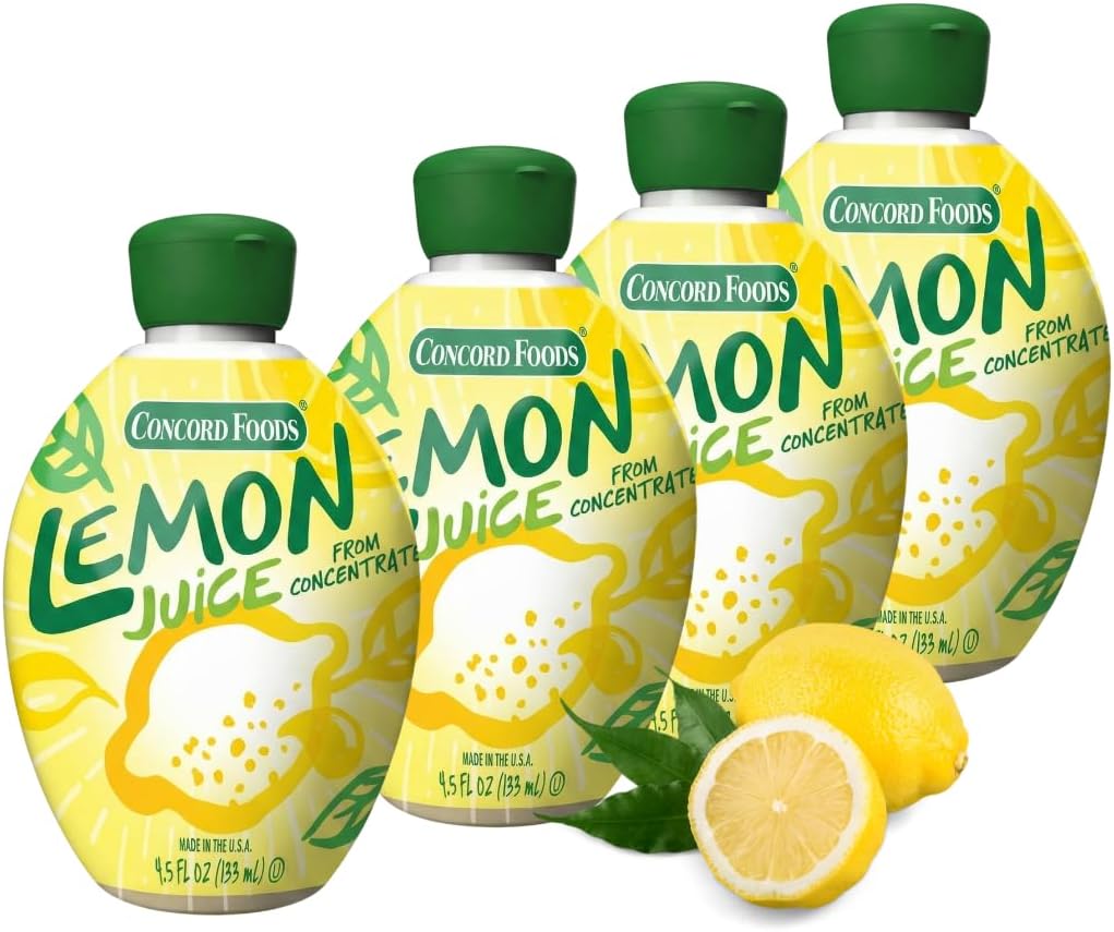 Concord Foods Lemon Juice from Concentrate | 100% Lemon Juice for Cocktails, Cooking, Baking & Beverages | Perfect for Recipes & Everyday Use | Convenient Size | 4.5 Oz (Pack of 4)