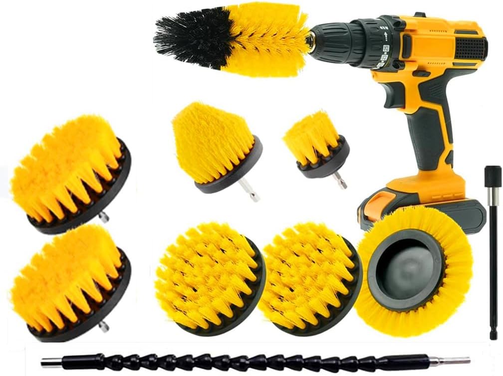 HUAWELL Drill Brush Power Scrubber Cleaning Brush with 2 Extended Attachment Set Kit for Grout, Floor, Tub, Shower, Tile, Bathroom and Kitchen Surface (Yellow)