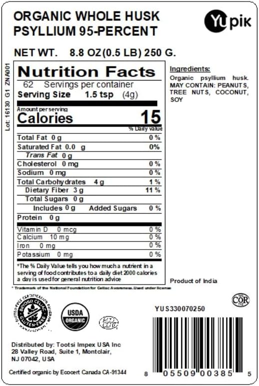 Yupik Organic Whole Husk Psyllium 8.8 Oz, 95% Purity, Soluble Fiber, USDA Certified, Non-GMO, Kosher, Gluten-Free, Sugar-Free & Fat-Free, Unflavored, Plant-Based, Ideal for Oatmeal & Cereal