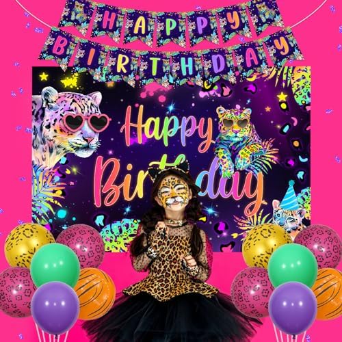 Cheereveal Rainbow Cheetah Birthday Decorations for Boys Girls - Leopard Print Happy Birthday Backdrop, Cheetah Wild Cake Cupcake Toppers, Jungle Safari Animal Theme Party Supplies