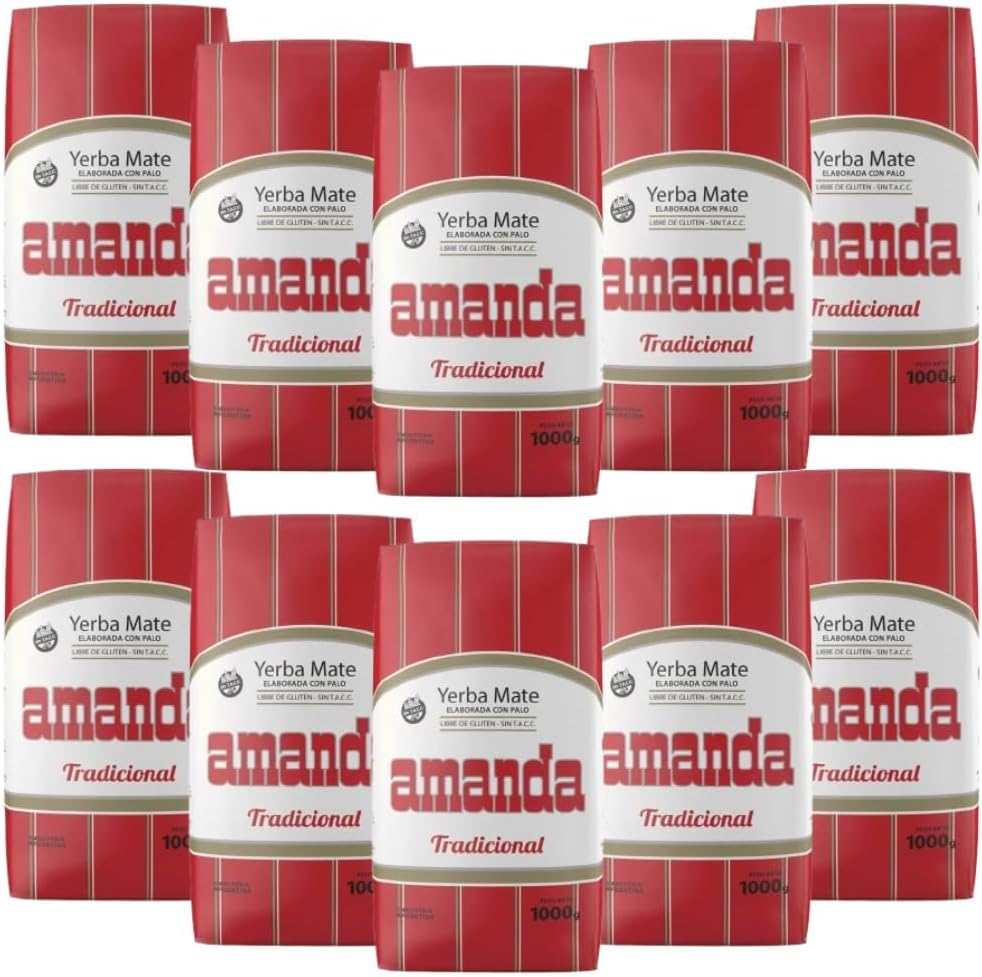 10-Pack Amanda Yerba Mate Traditional with Stems From Argentina, 1 kg / 2.2 lbs each bag