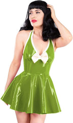 Womens Ladies Faux Leather Pleated Bow Mini Dress Sleeveless Backless PVC Dress A-line Sexy V Neck Clubwear Costumes,Grass Green,6XL