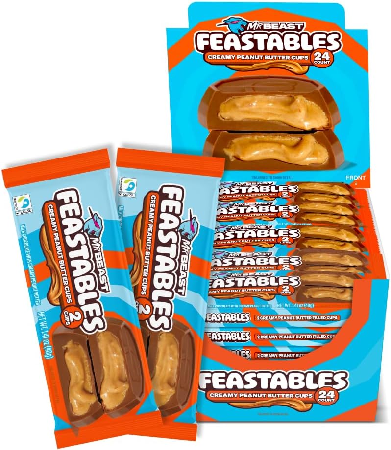MrBeast Feastables Peanut Butter Cups, 24 Count, Milk Chocolate with Creamy Peanut Butter Filling, 2-Cup Packs, Fairtrade Cocoa