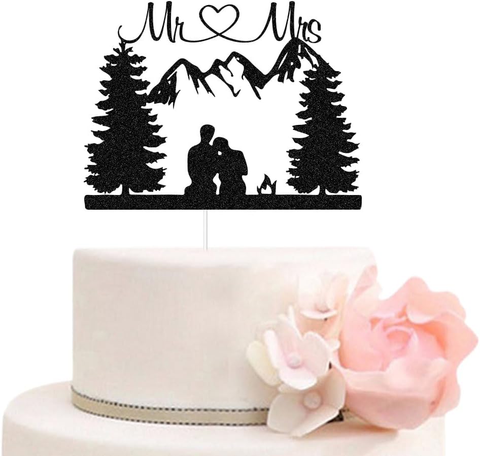Mountain Wedding Cake Topper - Outdoors Romantic Hiking Mr & Mrs/ Bride and Groom Cake Decor, Forest Theme Wedding Party Decorations Black Glitter